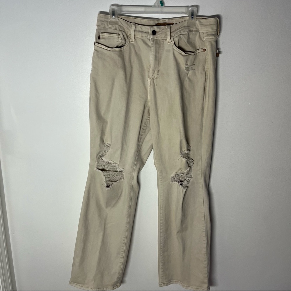 Judy Blue Los Angeles Distressed Straight Leg Jeans Tan Khaki Women 14W